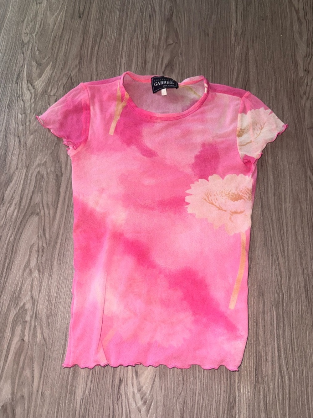 Pink Floral Tie-Dye Short Sleeve Top mesh made in Italy